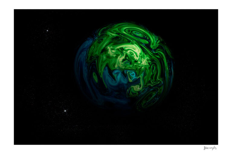 Abstract cosmic fine art print titled The Green Planet by Stan Weyler from the Cosmic Visions collection. Digital astrophotography artwork featuring a swirling emerald green and ocean blue exoplanet floating in a dark starry space background. Modern Sci-Fi space wall decor for living rooms, offices, and game rooms, printed on museum-quality archival matte paper.