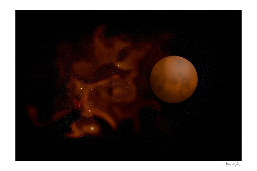 Abstract cosmic fine art print titled Red Planet by Stan Weyler from the Cosmic Visions collection. Digital astrophotography artwork featuring a dusty terracotta red planet and glowing orange gas nebula floating in a dark starry space background. Modern Sci-Fi space wall decor for living rooms, offices, and game rooms, printed on museum-quality archival matte paper.